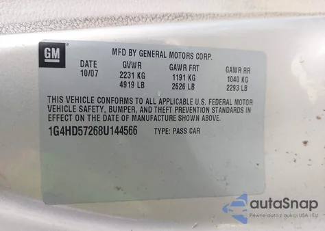 2008 Buick Lucerne Cxl z USA, uszkodzony, nr VIN 1G4HD57268U144566